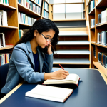 A focused female student, fully clothed in modest, comfortable study attire, diligently studying at a desk in a well-lit library resource room. She is surrounded by tall shelves overflowing with professional environmental books, academic journals, and law reference books. Her desk has several open books, highlighting a serious study session. The atmosphere is calm and conducive to learning. Natural pose, perfect anatomy, well-formed hands, proper finger count, correct proportions, natural body proportions, safe for work, appropriate content, professional, high quality, detailed, realistic photography.