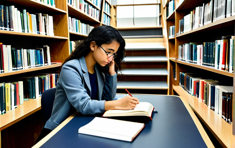 A focused female student, fully clothed in modest, comfortable study attire, diligently studying at a desk in a well-lit library resource room. She is surrounded by tall shelves overflowing with professional environmental books, academic journals, and law reference books. Her desk has several open books, highlighting a serious study session. The atmosphere is calm and conducive to learning. Natural pose, perfect anatomy, well-formed hands, proper finger count, correct proportions, natural body proportions, safe for work, appropriate content, professional, high quality, detailed, realistic photography.